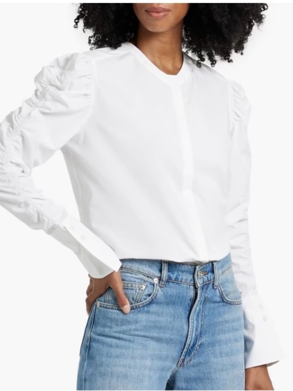 Elegant White Ruched-Shoulder Button-Front Blouse